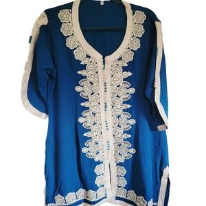 Embroidered Moroccan Kaftan Tunic Beaded Accents Handmade Vintage Top XXL‎